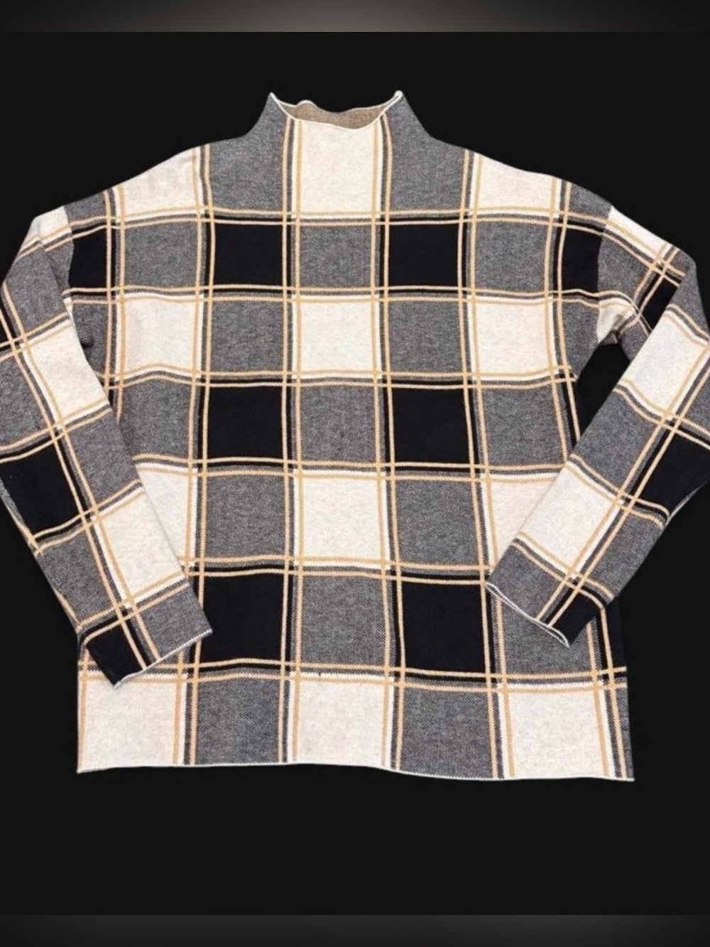 Tahari Gray & Black Plaid Mock Neck Sweater